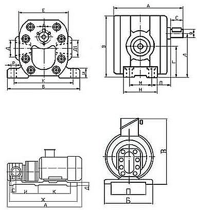 Габариты и присоединительные размеры насосов шестерённых типа Г11 и агрегатов насосных типа БГ11